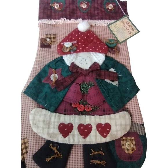 Quilted Treasures Folk Art Christmas Stocking Vtg Mrs Santa Baby Button Holiday - Picture 2 of 6